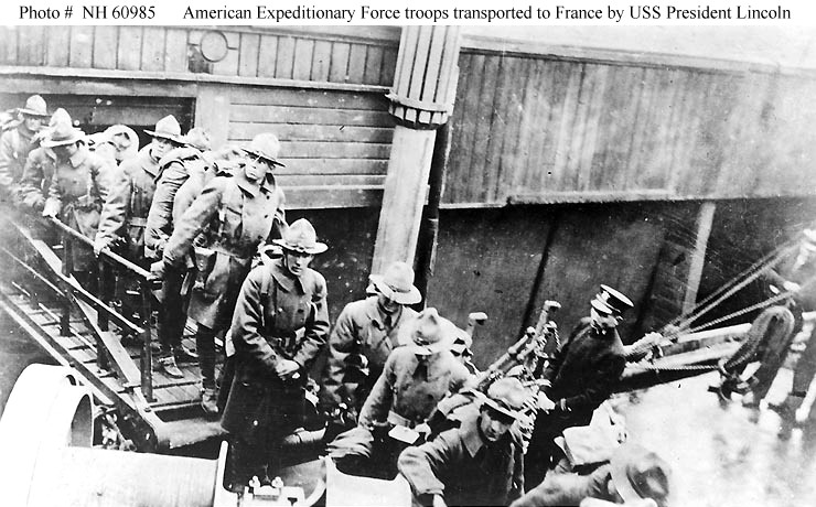 american troops boarding a ship tofrance USS President Lincoln